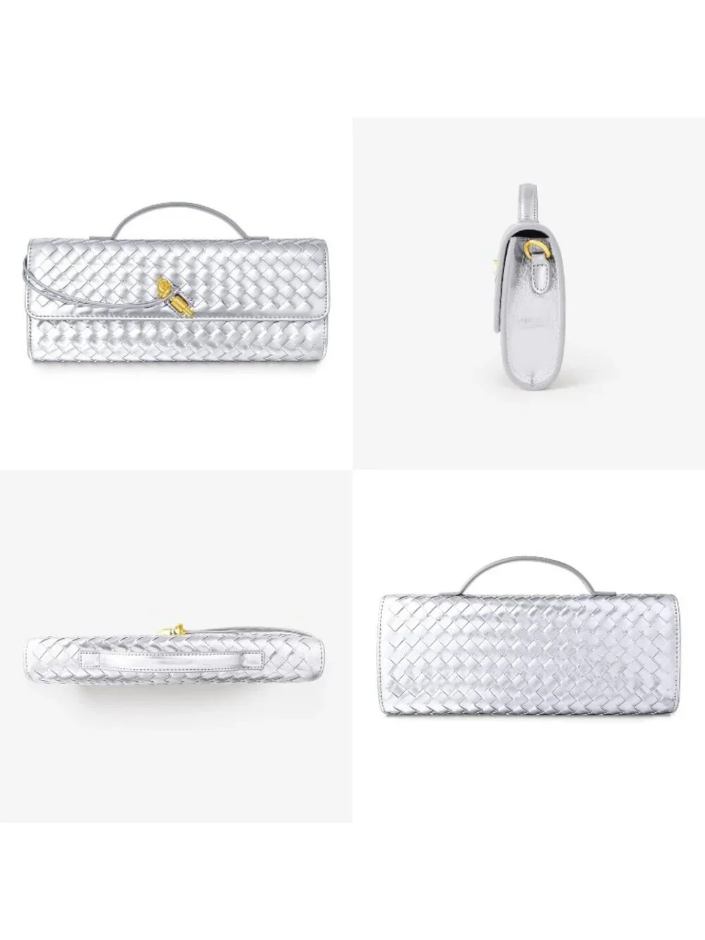 Women Silver Woven Vegan Leather Clutch Purse Formal Evening Crossbody Bag
